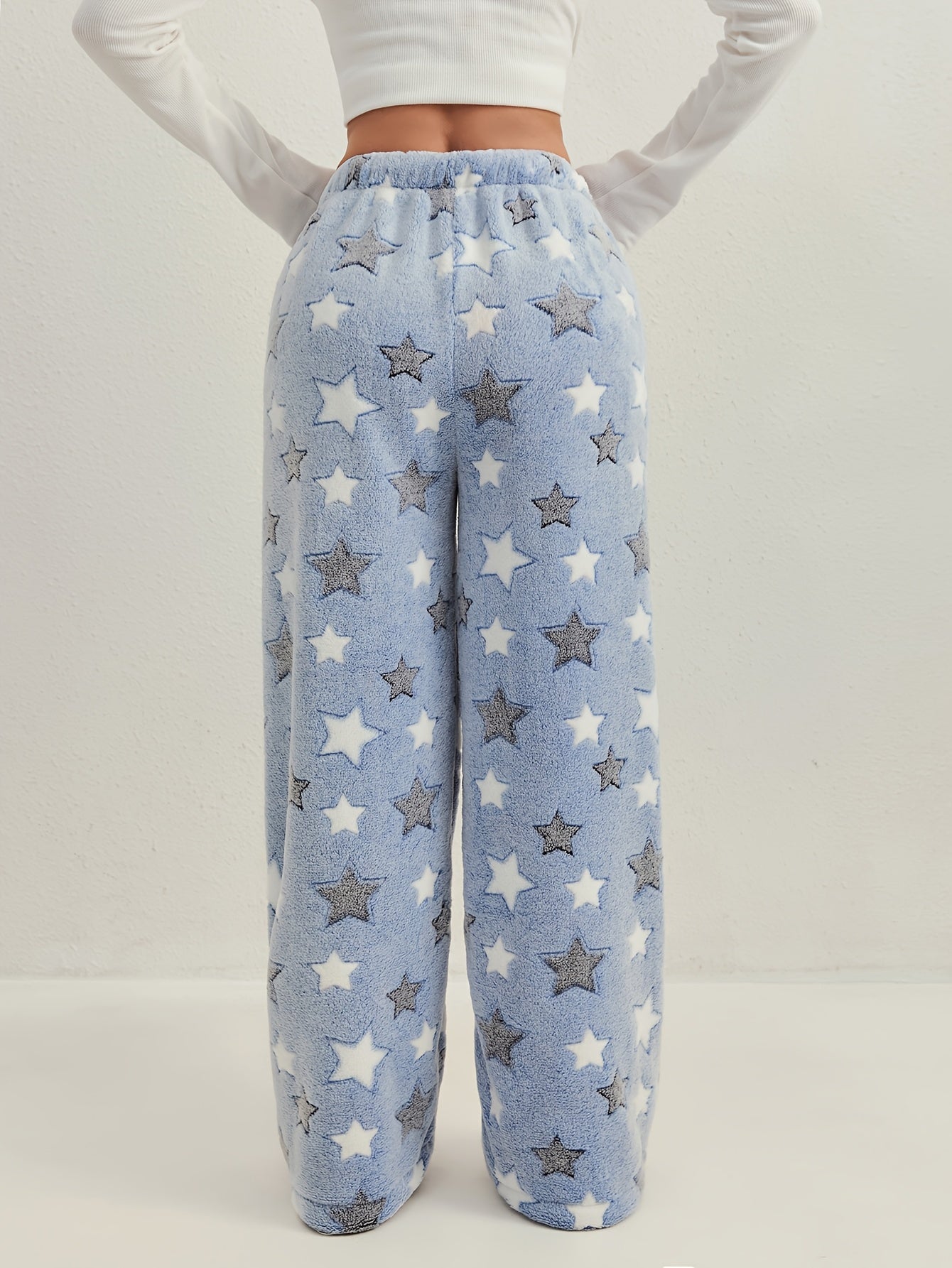 Women'S Autumn Winter Fleece Thickened Star Pattern Belt Drawstring Wide-Leg Long Pants Suitable for Outdoor Indoor Casual Plush Trousers Pants
