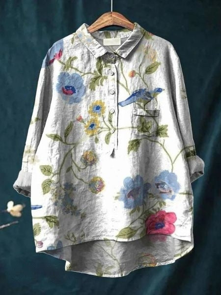 Effortless Floral Linen Blouse for Women with Collar Long Sleeve Button Front High Low Hem Style