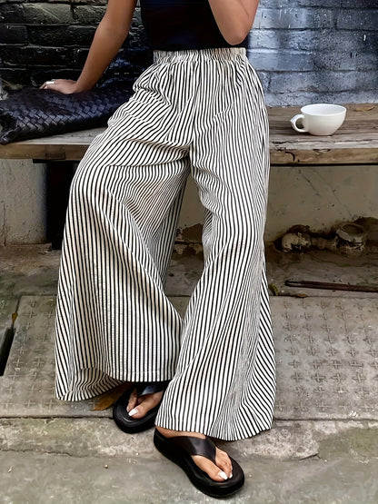 Effortless Apricot Striped Wide Leg Pants for Women with High Waist Elastic Waistband Flowing Relaxed Style