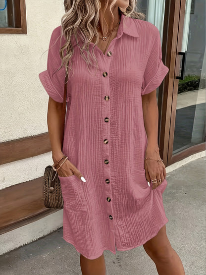 Effortless Cotton Gauze Shirt Dress for Women with Collar Short Sleeve Button Front Relaxed Style