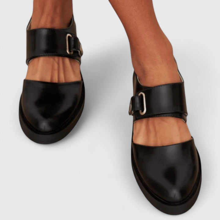 Elegant Black Leather Mary Jane Loafer for Women with Round Toe Buckle Strap Flat Style