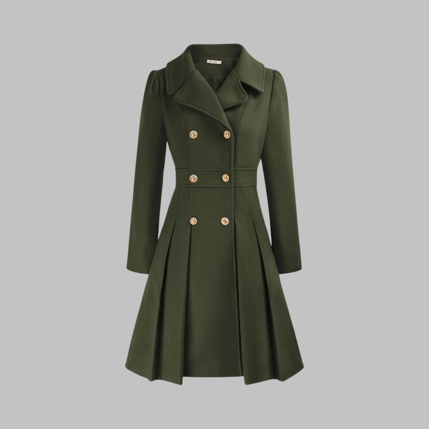 Elegant Wool Blend Pea Coat for Women with Notched Lapel Long Sleeve Double Breasted Pleated Fit and Flare Style