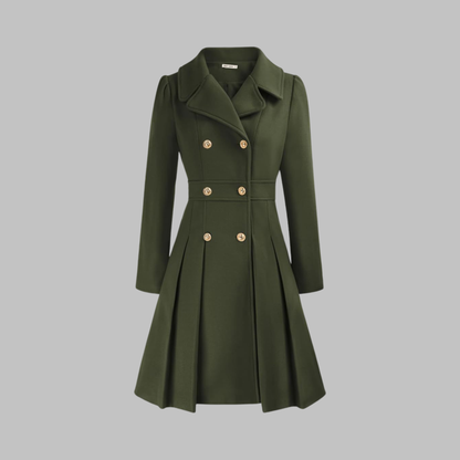Elegant Wool Blend Pea Coat for Women with Notched Lapel Long Sleeve Double Breasted Pleated Fit and Flare Style