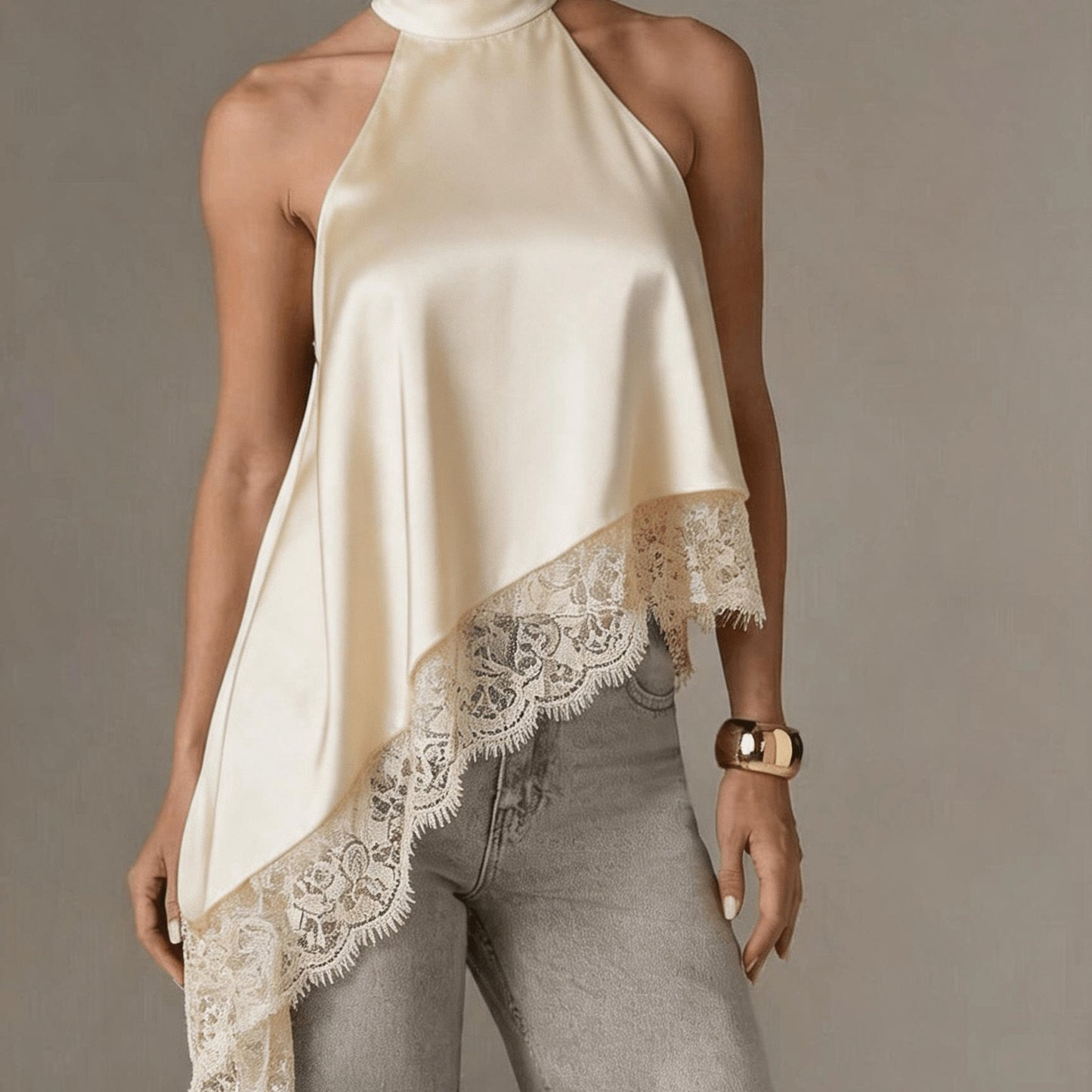 Elegant Satin Halter Top for Women with High Neck Sleeveless Lace Trim Asymmetric Flowing Style