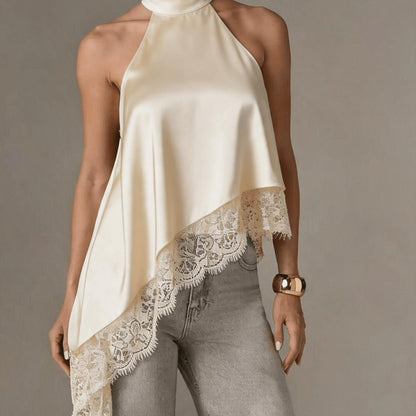 Elegant Satin Halter Top for Women with High Neck Sleeveless Lace Trim Asymmetric Flowing Style