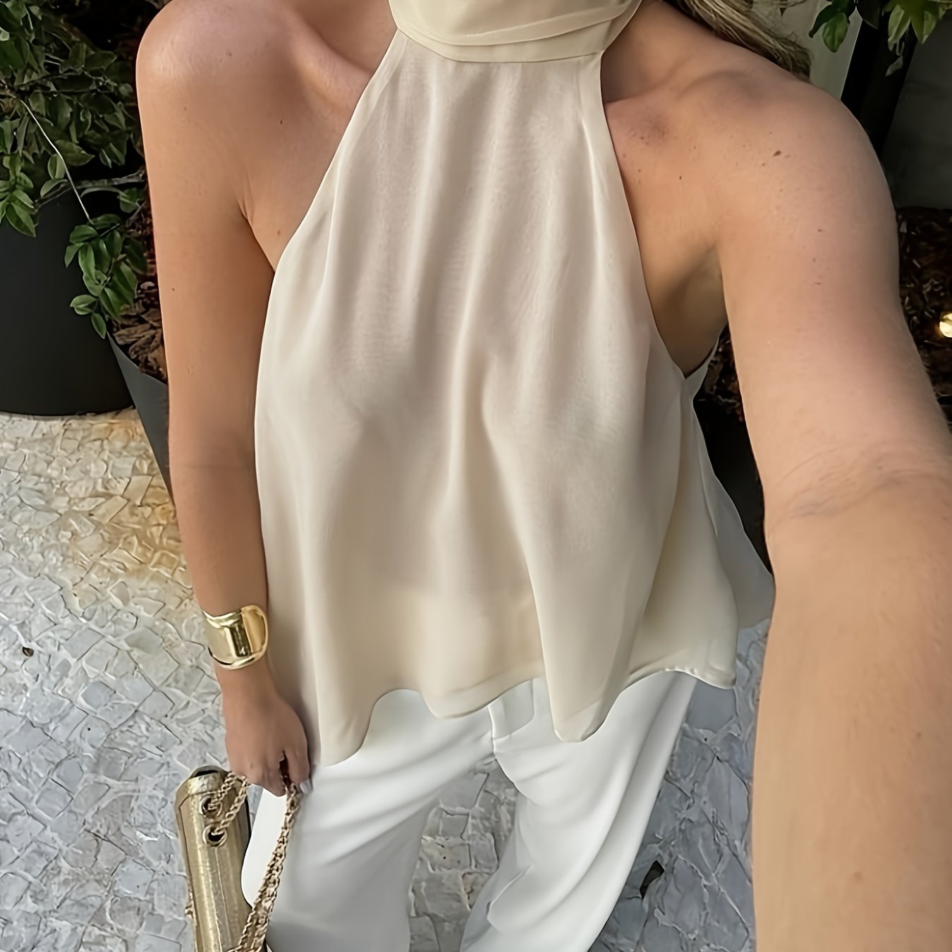 Effortless Chiffon Halter Blouse for Women with High Neck Sleeveless Asymmetric Hem Flowing Style