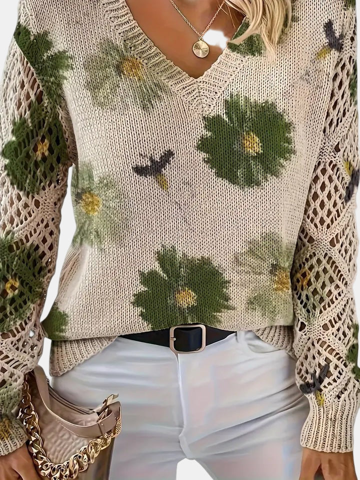 Comfortable Floral Crochet Sweater for Women with V Neck Balloon Sleeve Lace Panel Oversized Knit Style