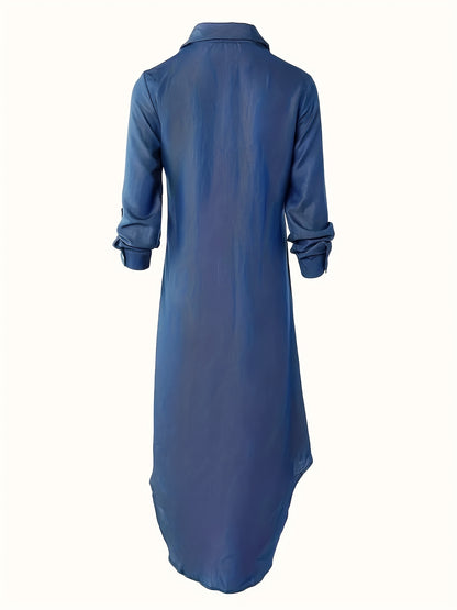Elegant Blue Denim Maxi Shirt Dress for Women with Collar Long Sleeve High Low Hem Casual Style
