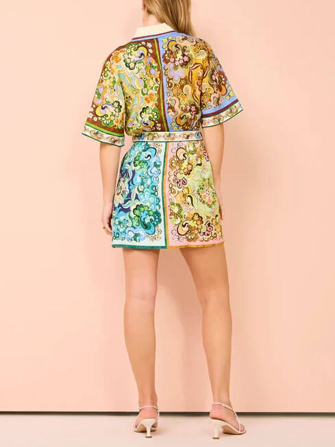 Effortless Multicolor Paisley Print Shirt Dress for Women with Collar Short Sleeve Belted Mini Bohemian Style