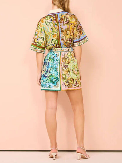 Effortless Multicolor Paisley Print Shirt Dress for Women with Collar Short Sleeve Belted Mini Bohemian Style