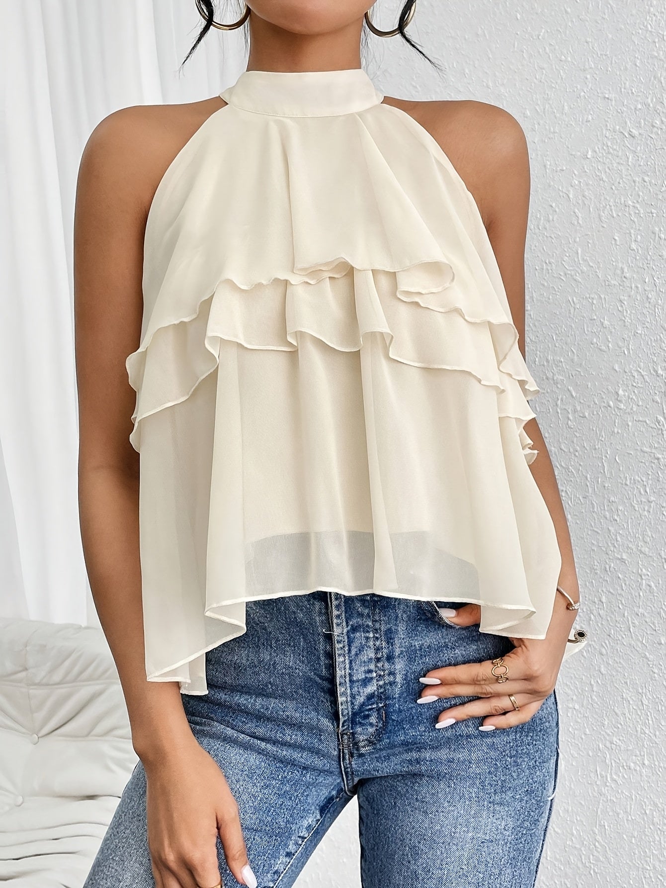 Halter Neck Ruffled Cake-Style Chiffon Blouse
