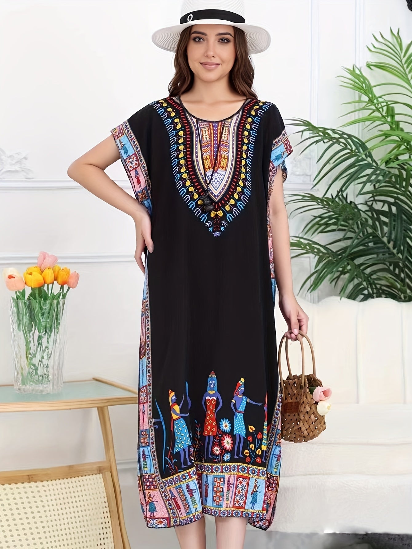 Effortless Tribal Print Kaftan Dress for Women with V Neck Short Sleeve Flowing Bohemian Style