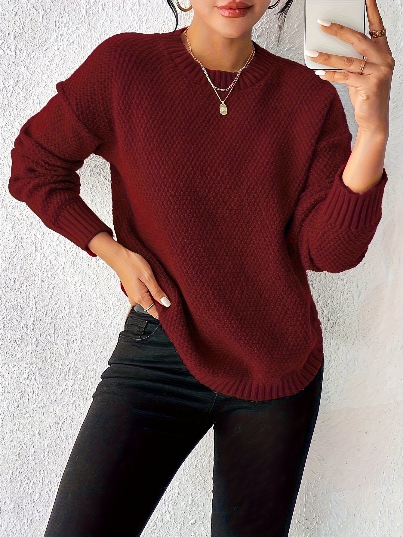 New Women's Solid Color Round Neck Pullover Sweater, Loose-Fit Simple Versatile Long Sleeve Pullover Sweater, Women's Sweater Top