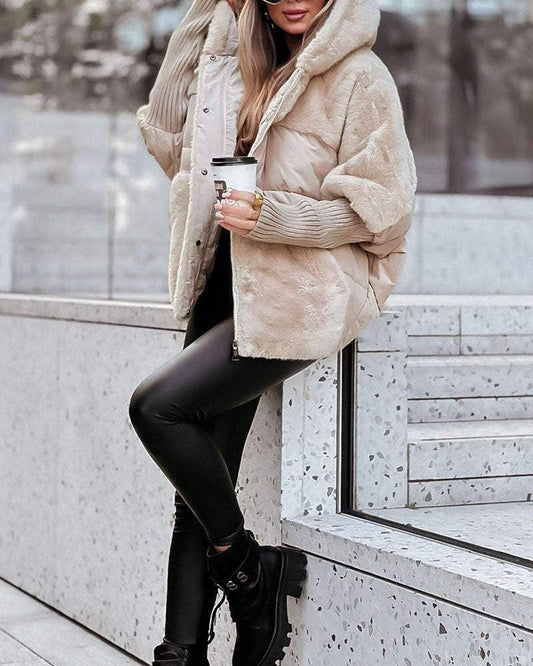 Comfortable Faux Fur Puffer Jacket for Women with Hooded Long Sleeve Ribbed Cuff Oversized Style