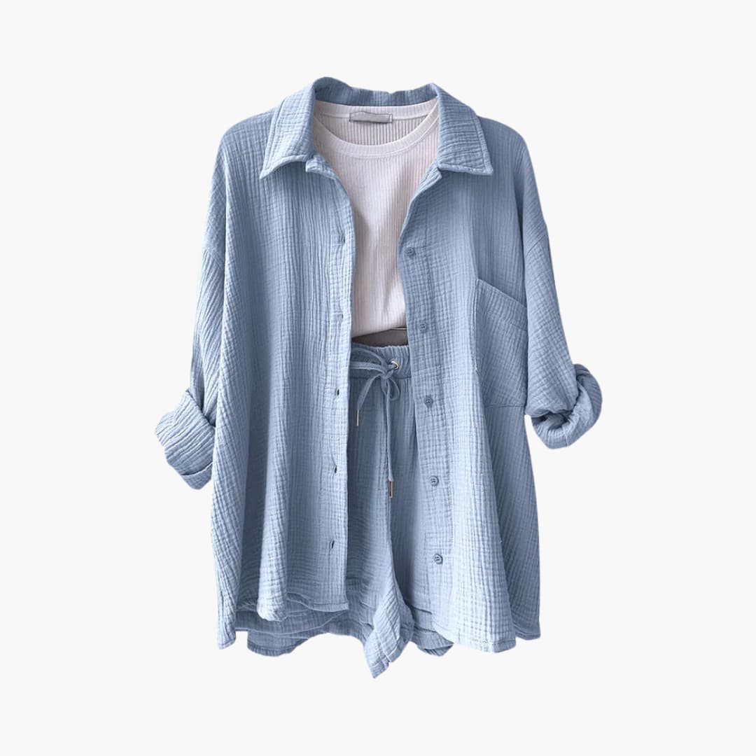 Effortless Crinkle Cotton Two Piece Set for Women with Collared Button Front Drawstring Shorts Relaxed Style