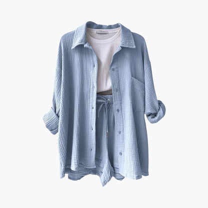 Effortless Crinkle Cotton Two Piece Set for Women with Collared Button Front Drawstring Shorts Relaxed Style