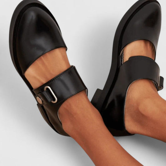 Elegant Black Leather Mary Jane Loafer for Women with Round Toe Buckle Strap Flat Style