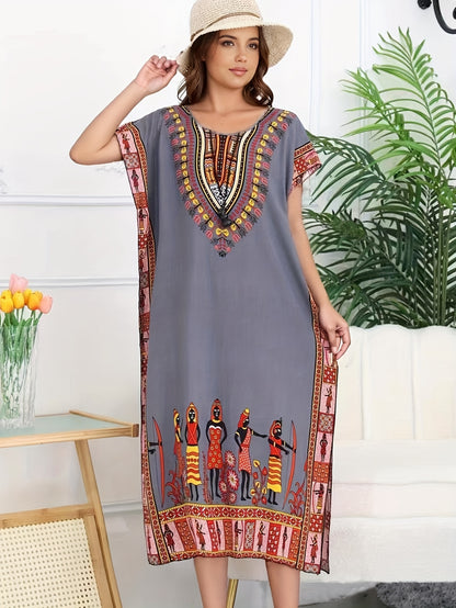 Effortless Tribal Print Kaftan Dress for Women with V Neck Short Sleeve Flowing Bohemian Style