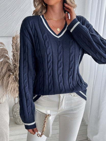 Comfortable Cable Knit Sweater for Women with V Neck Long Sleeve Striped Trim Oversized Style