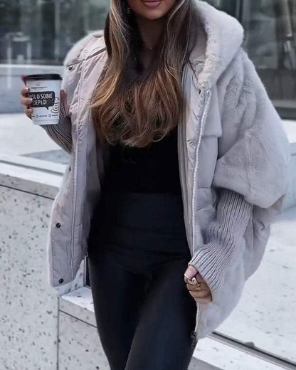 Comfortable Faux Fur Puffer Jacket for Women with Hooded Long Sleeve Ribbed Cuff Oversized Style