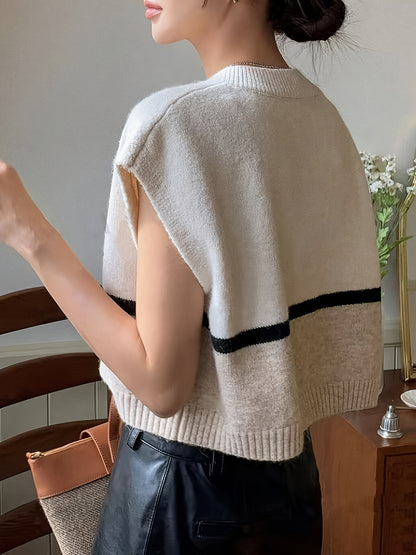 Elegant Apricot Striped Sweater Vest for Women with V Neck Sleeveless Cropped Colorblock Knit Style