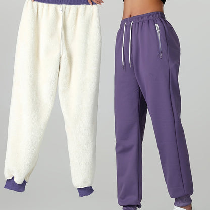 1pc of Autumn/winter Women's Long Pants, -lined Warm Casual Sweatpants for Women, Featuring an Elastic Drawstring Waist, Angled High Quality Zippered Pockets, and Windproof Thermal Cuffed Pants, Suitable for Daily Winter Wear at Home