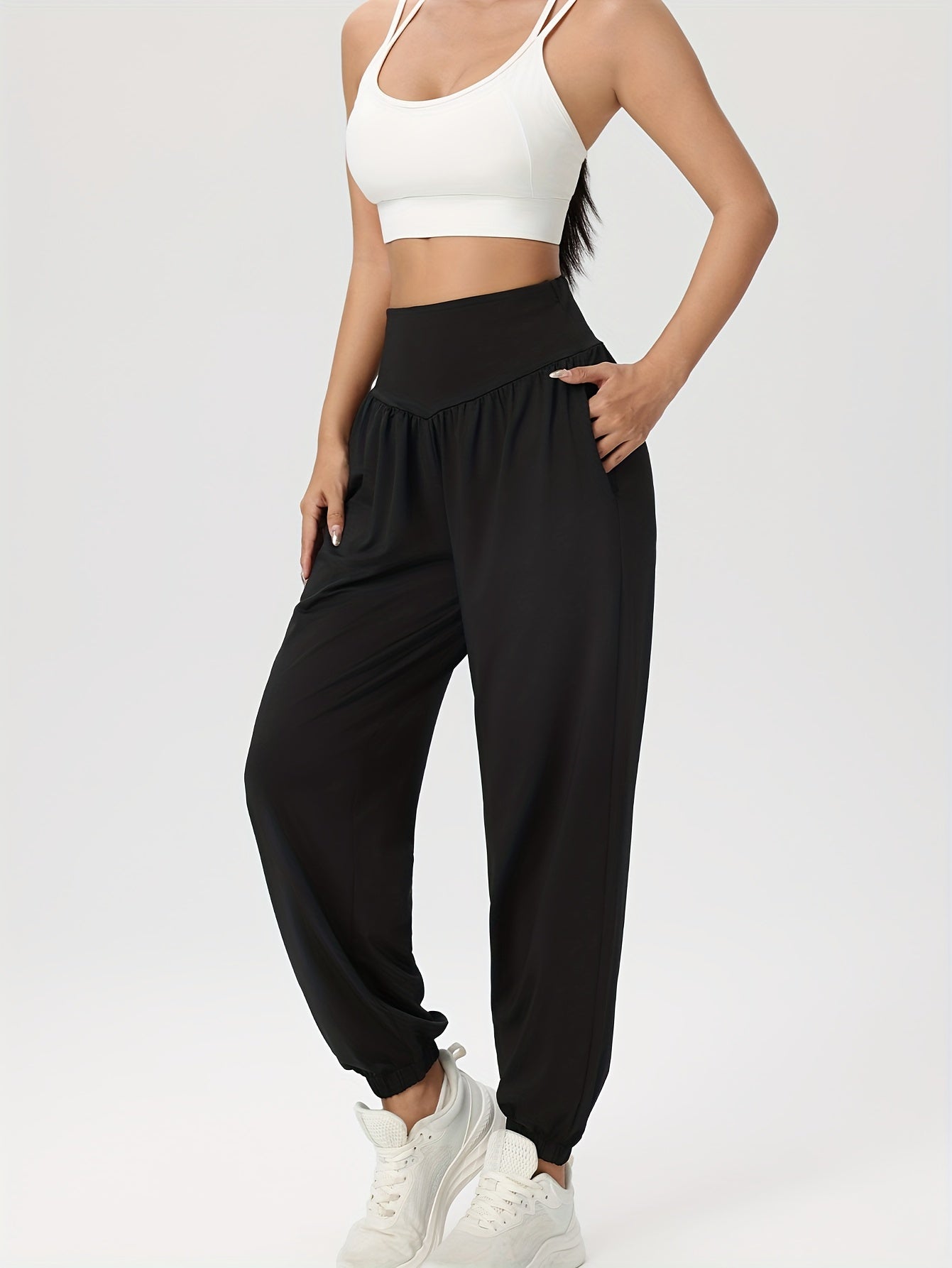 Women'S Casual Solid High-Waist Loose Lantern Pants, Daily Tummy Control Ankle-Cinching Yoga Fitness Athletic Trousers