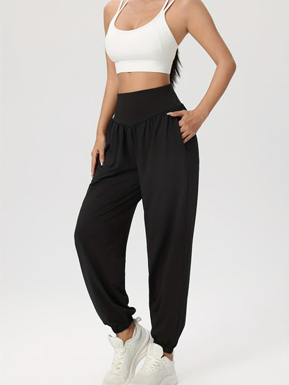 Women'S Casual Solid High-Waist Loose Lantern Pants, Daily Tummy Control Ankle-Cinching Yoga Fitness Athletic Trousers