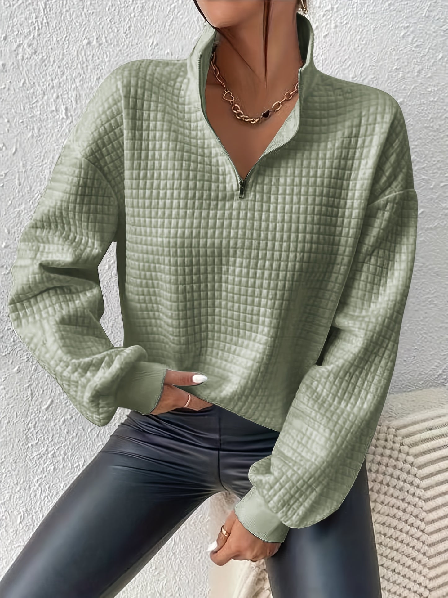Comfortable and Loose Waffle Solid Standing Neck Zipper Long Sleeve Panel Women's Sweater