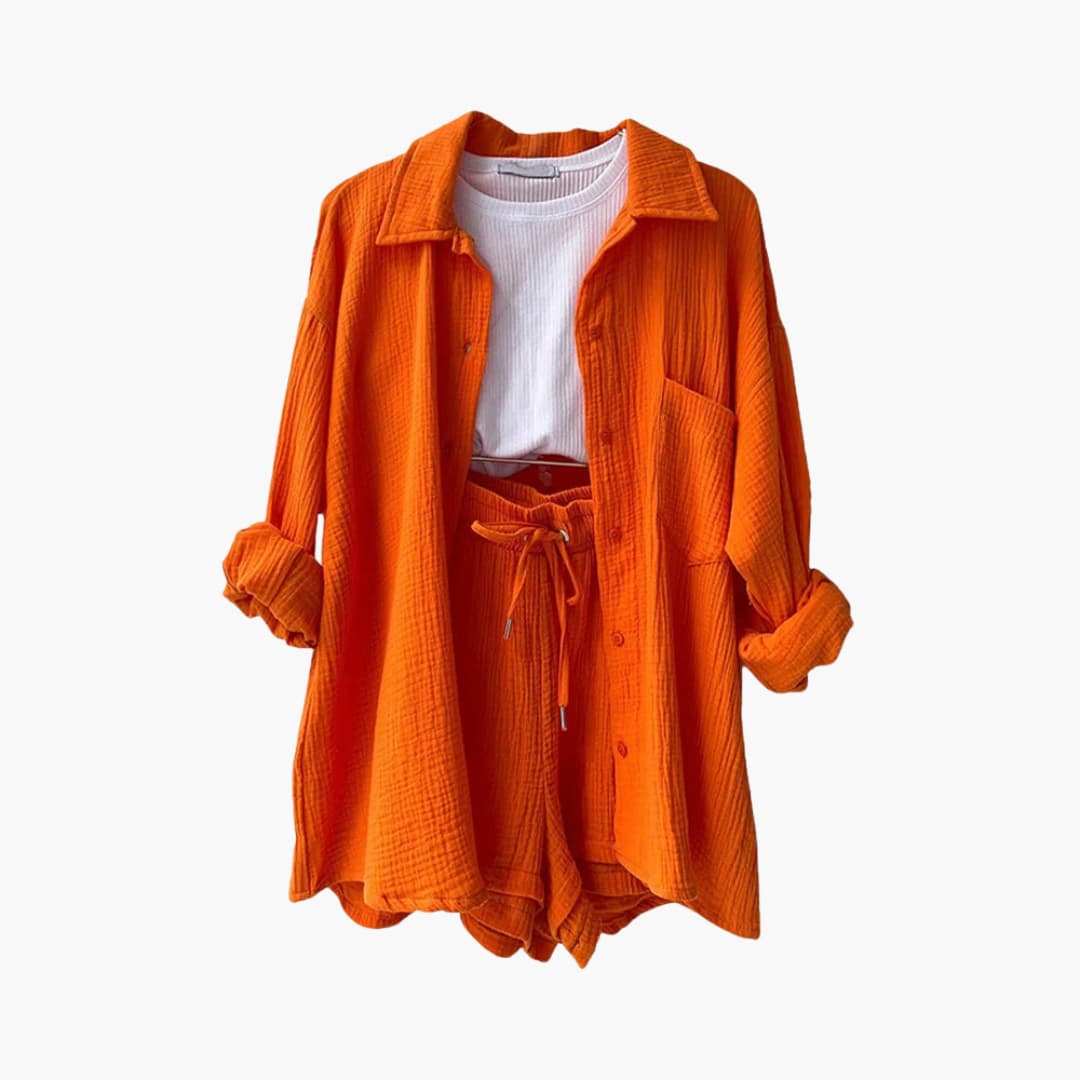 Effortless Crinkle Cotton Two Piece Set for Women with Collared Button Front Drawstring Shorts Relaxed Style