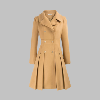 Elegant Wool Blend Pea Coat for Women with Notched Lapel Long Sleeve Double Breasted Pleated Fit and Flare Style