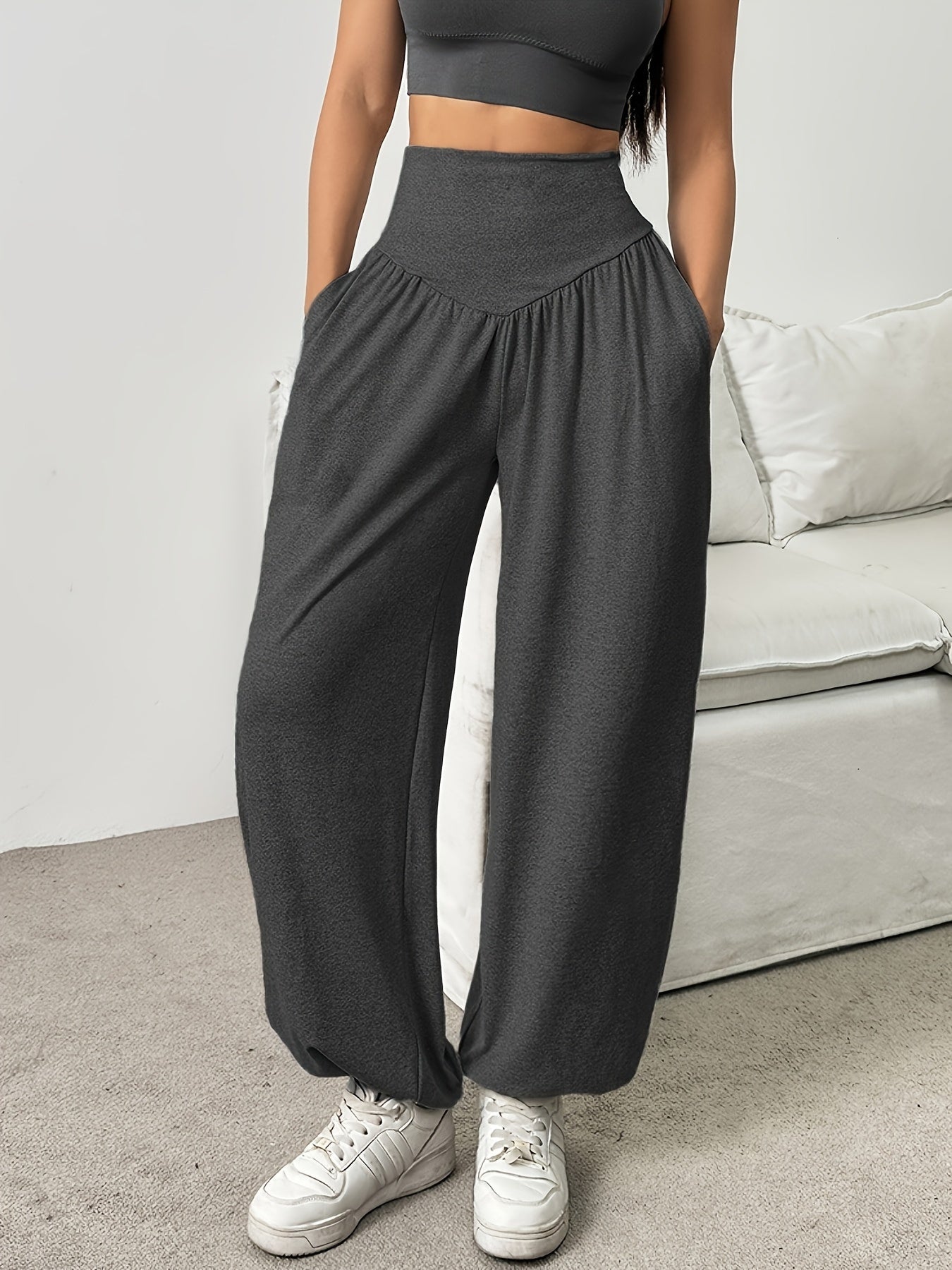 1pc Women'S High-Waist Comfortable Running Pants - Stretchy Soft Wide-Leg Casual Trousers, Suitable for Running And Fitness, Solid Color, All-Season