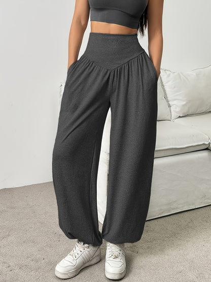 1pc Women'S High-Waist Comfortable Running Pants - Stretchy Soft Wide-Leg Casual Trousers, Suitable for Running And Fitness, Solid Color, All-Season