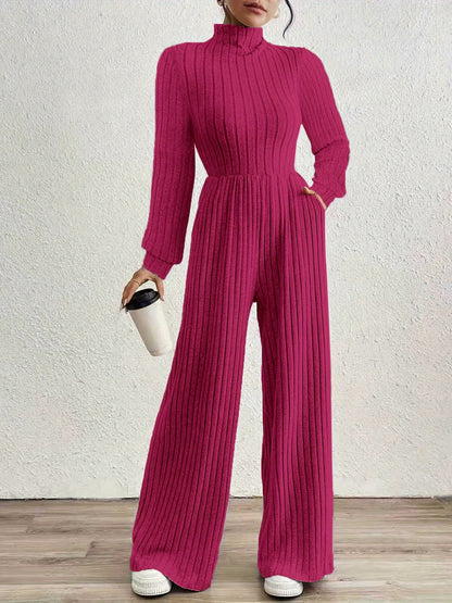 Comfortable Ribbed Knit Wide Leg Jumpsuit for Women with High Neck Long Sleeve Relaxed Pocket Style