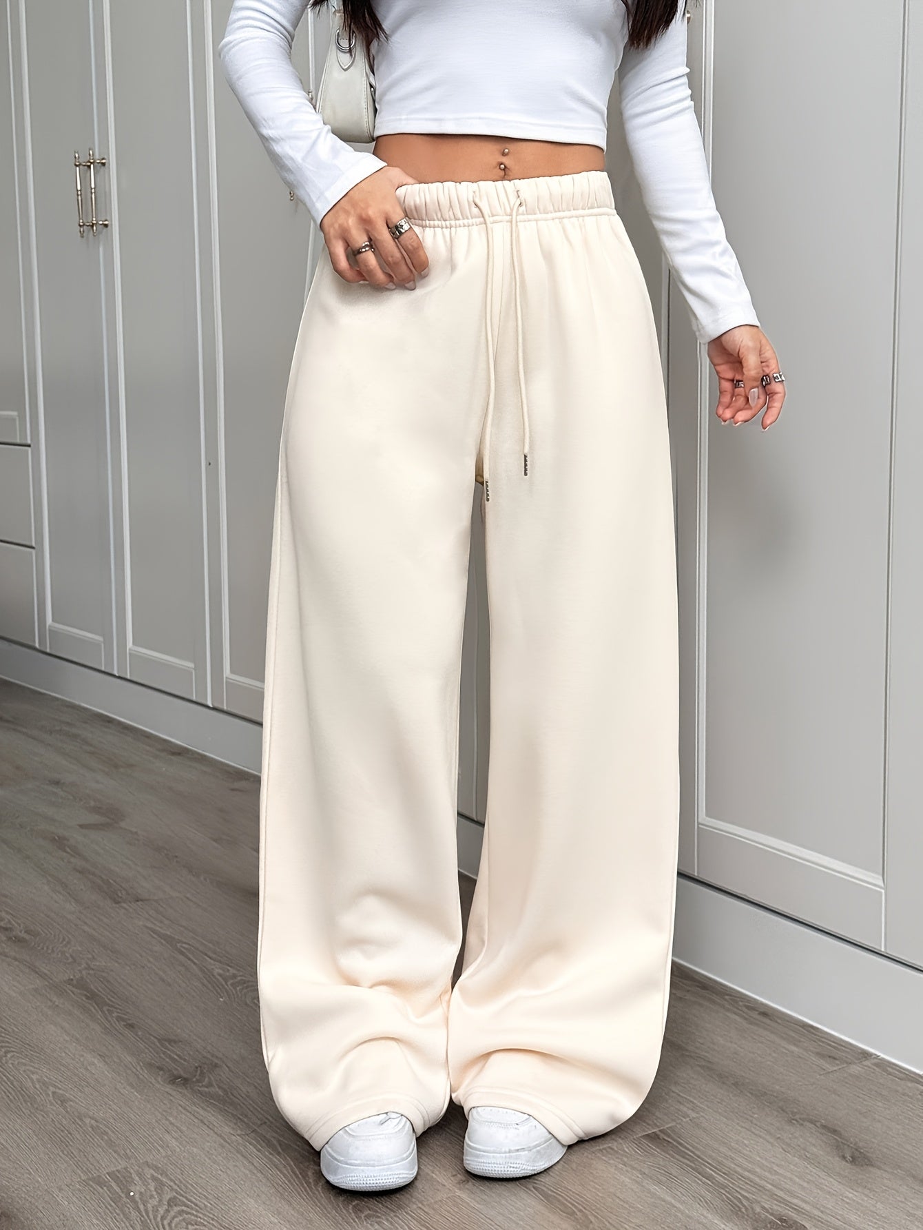 Comfortable Apricot Wide Leg Pants for Women with High Waist Drawstring Fleece Lined Relaxed Casual Style