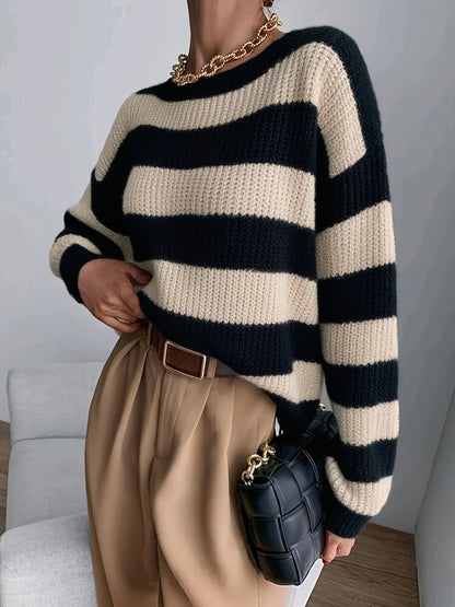Comfortable Striped Sweater for Women with Crew Neck Long Sleeve Relaxed Oversized Knit Style