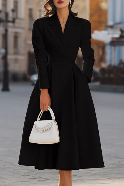 Elegant Fit and Flare Midi Dress for Women with Lapel Collar Long Sleeve Pleated Pocket Cocktail Style