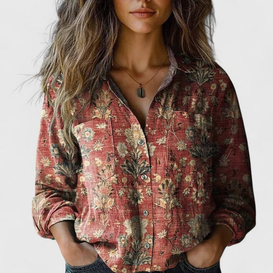 Effortless Floral Print Blouse for Women with Collar Long Sleeve Button Front Relaxed Bohemian Style