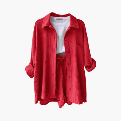 Effortless Crinkle Cotton Two Piece Set for Women with Collared Button Front Drawstring Shorts Relaxed Style