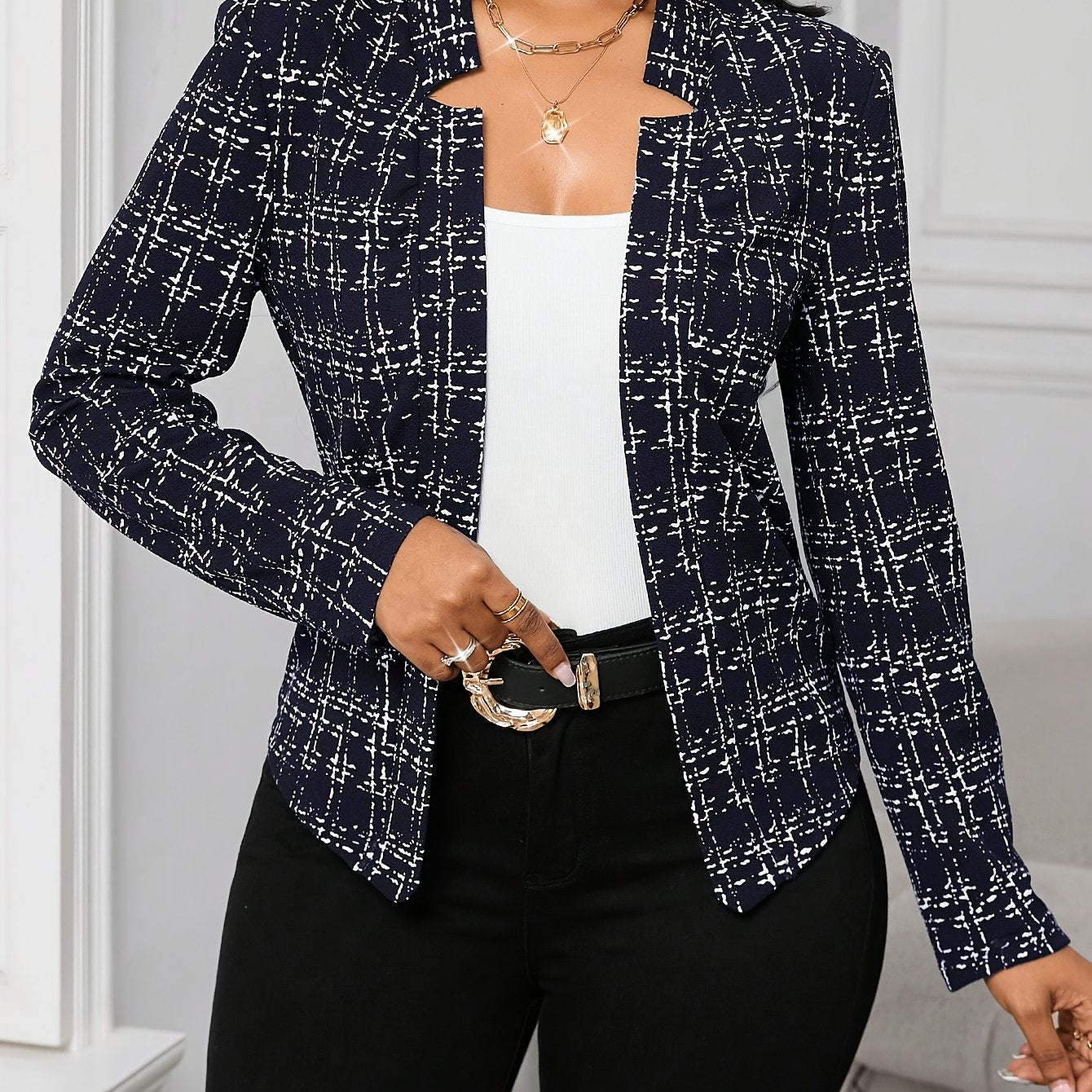 Elegant Tweed Blazer for Women with Lapel Collar Long Sleeve Open Front Fitted Style