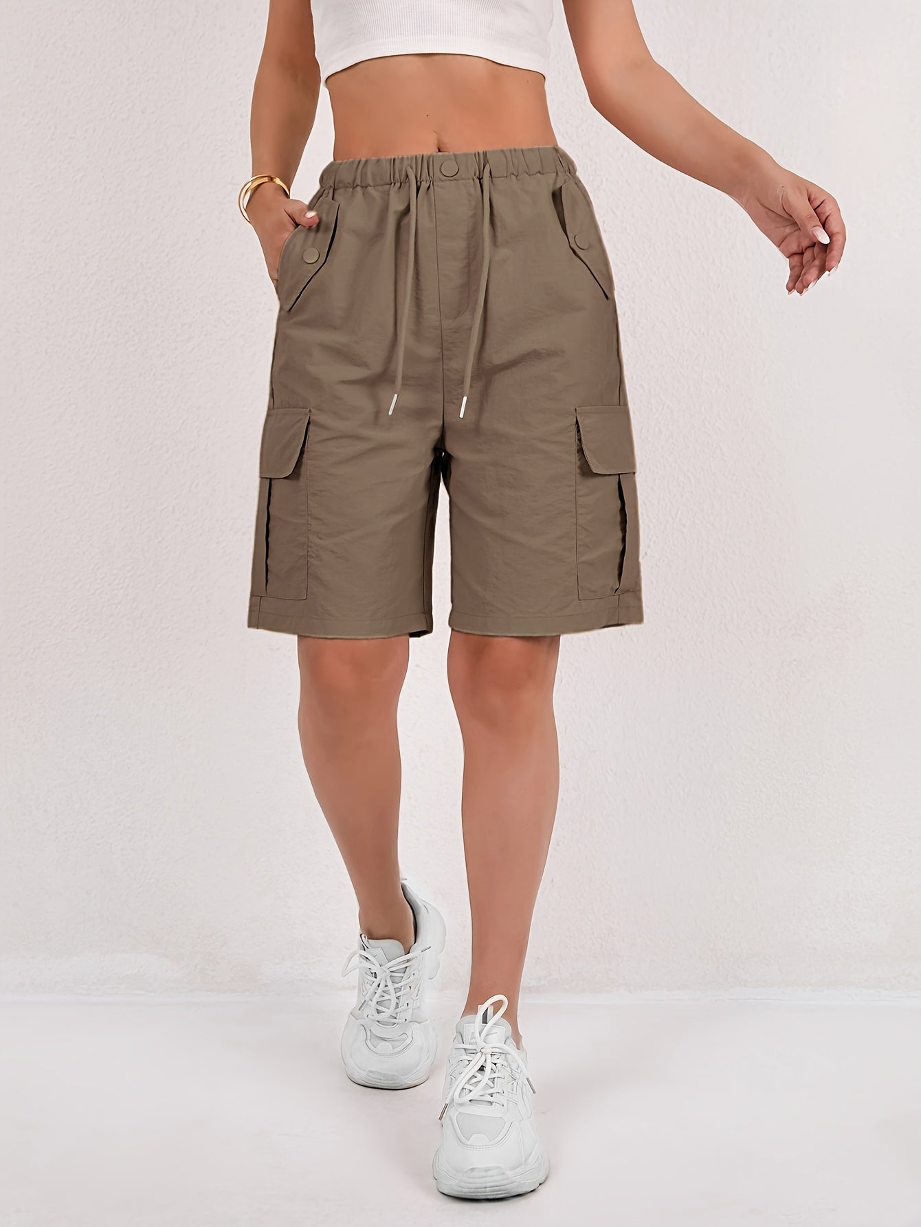 Effortless Pink Cargo Bermuda Shorts for Women with High Waist Drawstring Relaxed Casual Style