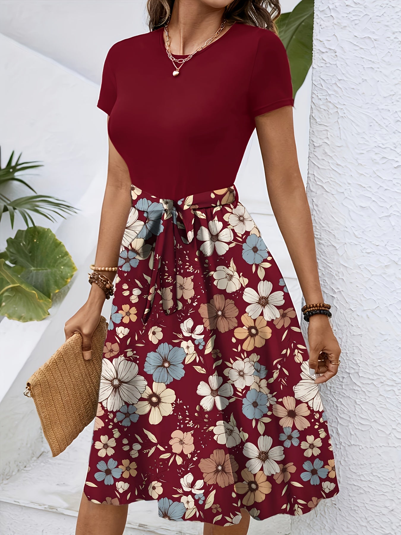 Elegant Key Monitoring Support European And American Round Neck Short-Sleeved with Belt Dress Number
