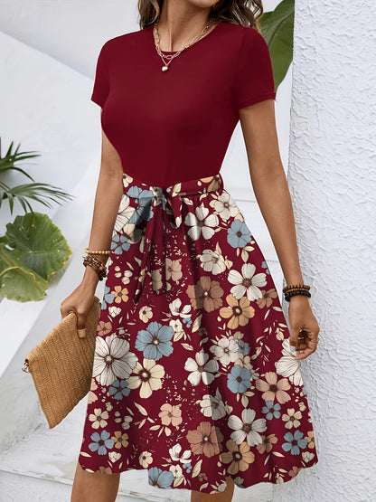 Elegant Key Monitoring Support European And American Round Neck Short-Sleeved with Belt Dress Number