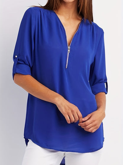 Effortless Zip Front Blouse for Women with V Neck Roll Tab Sleeve Relaxed Tunic Style