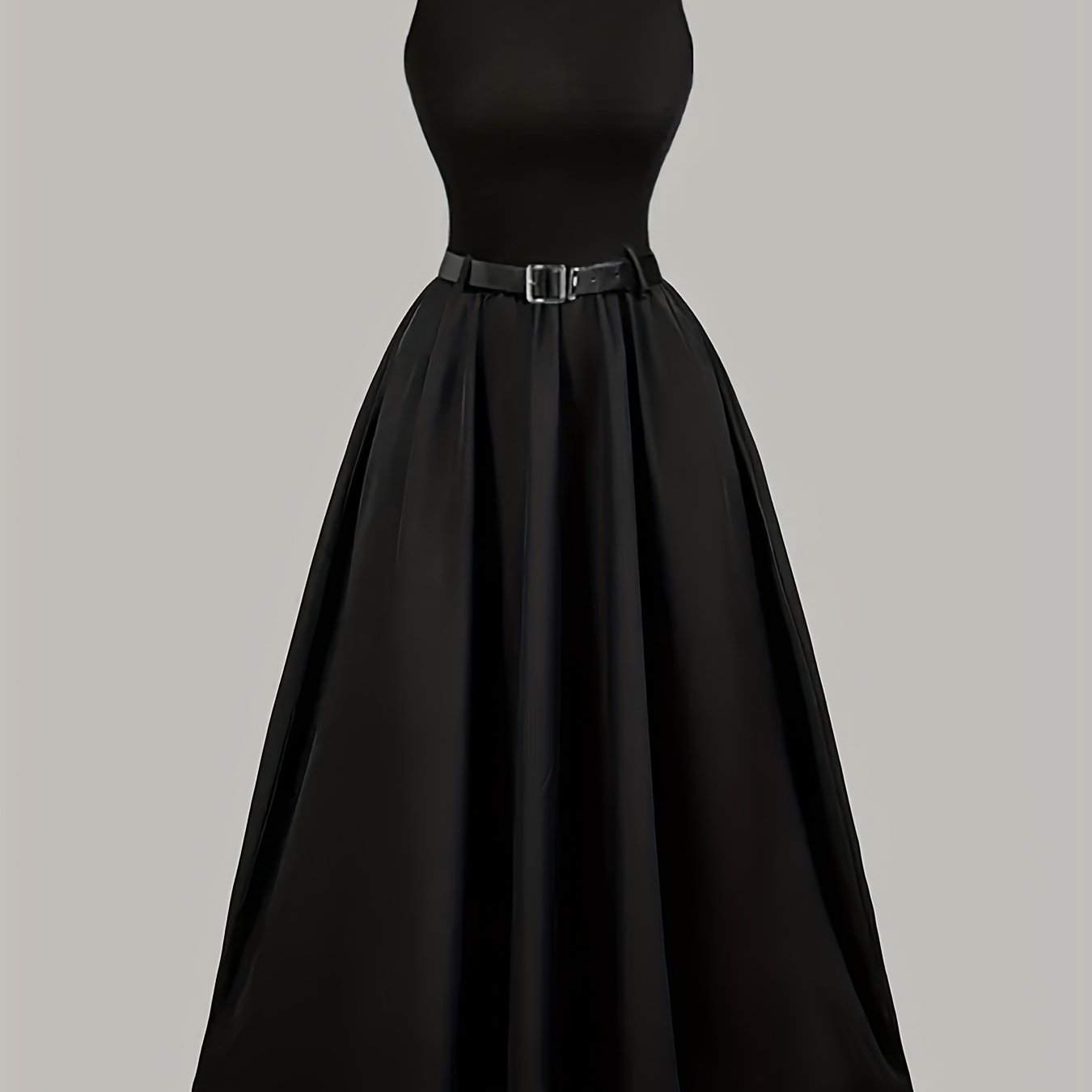 Elegant Black Sleeveless A-Line Midi Dress with Adjustable Waist Belt - Cinched Waist, Flowing Skirt, Round Neck, Perfect for Spring/Summer, Adult Women'S Fashion, Formal Event Attire|Sleek Fitted Top|Adjustable Waist Belt