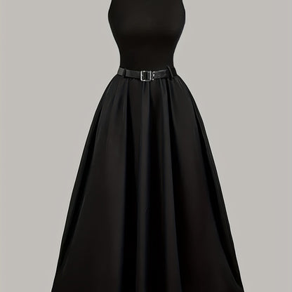 Elegant Black Sleeveless A-Line Midi Dress with Adjustable Waist Belt - Cinched Waist, Flowing Skirt, Round Neck, Perfect for Spring/Summer, Adult Women'S Fashion, Formal Event Attire|Sleek Fitted Top|Adjustable Waist Belt