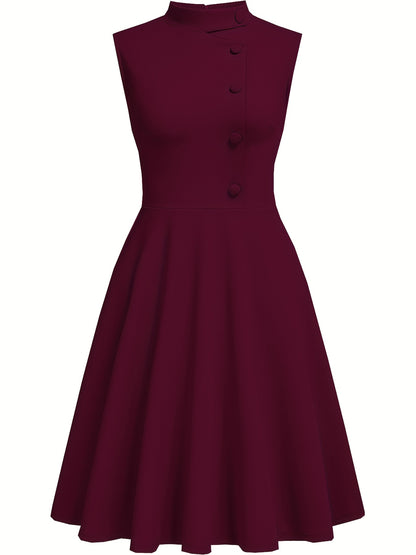 Elegant Navy Midi Dress for Women with High Neck Sleeveless Button Front Fit and Flare Cocktail Style