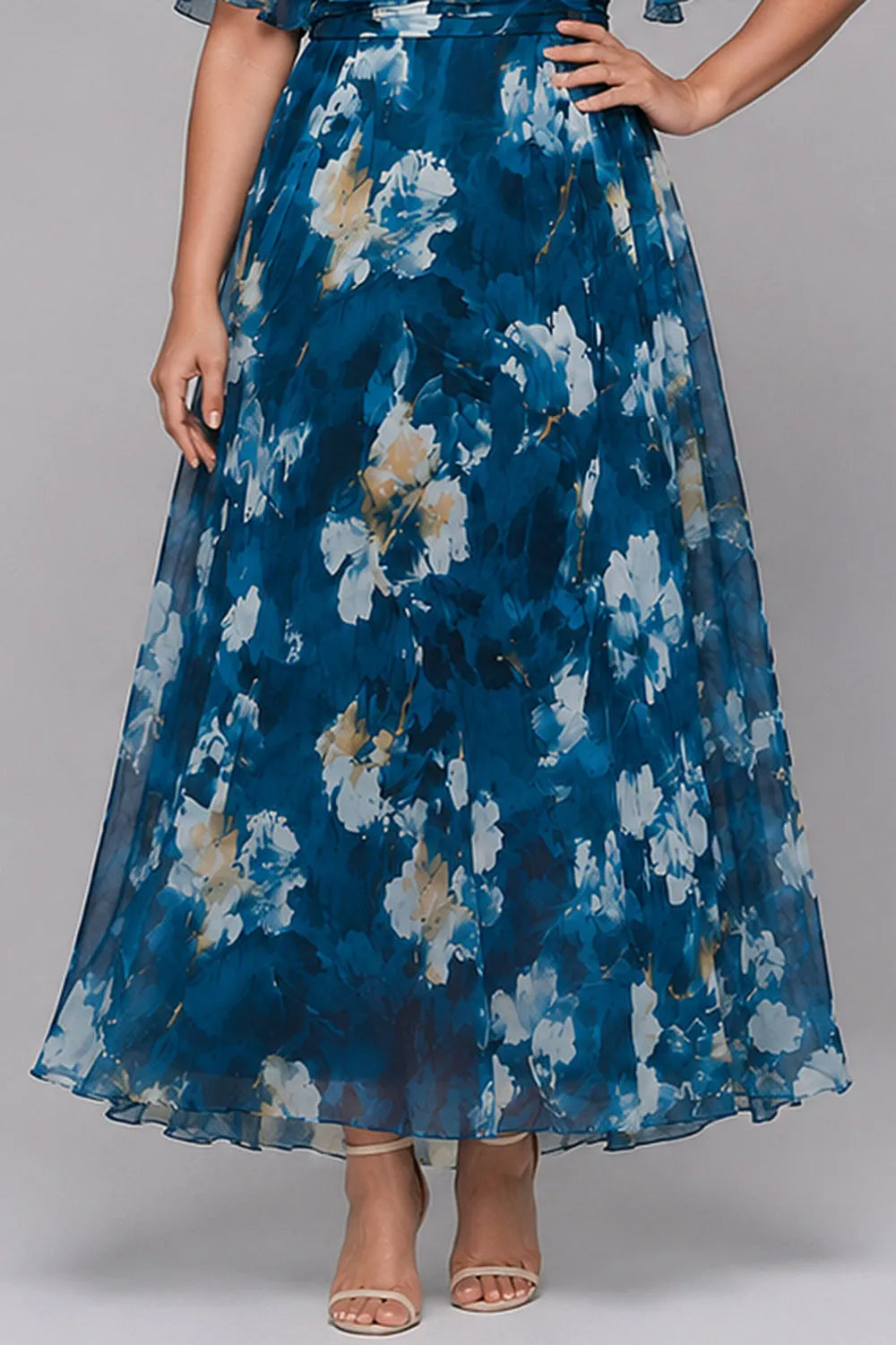 Elegant Blue Floral Maxi Dress for Women with V Neck Flutter Sleeve Flowing Wedding Guest Style