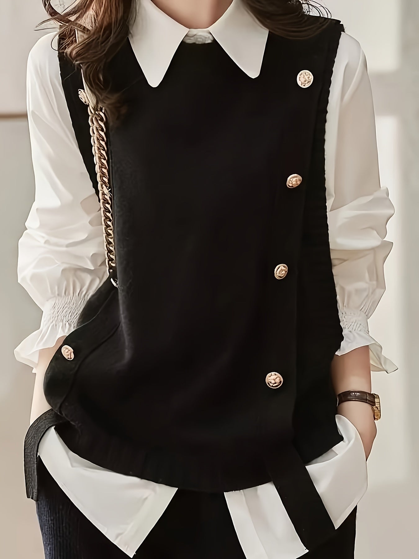 Comfortable Sweater Vest for Women with Round Neck Sleeveless Button Trim Relaxed Oversized Style