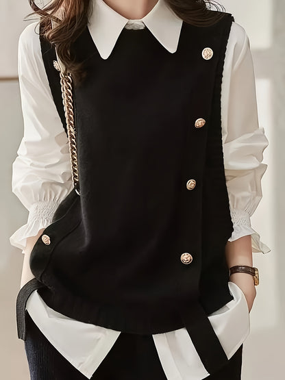 Comfortable Sweater Vest for Women with Round Neck Sleeveless Button Trim Relaxed Oversized Style